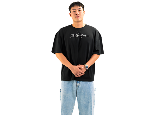 --- BROOKLYN HARLEM ‘’signature Embro‘’OVERSIZE BLACK TEE